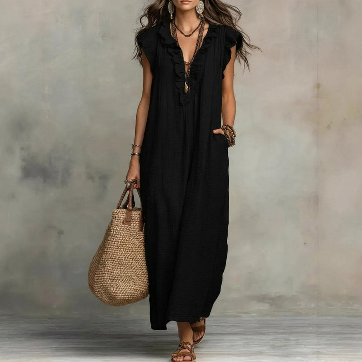 Josefina™ | Long linen-textured dress with V-neck and ruffles