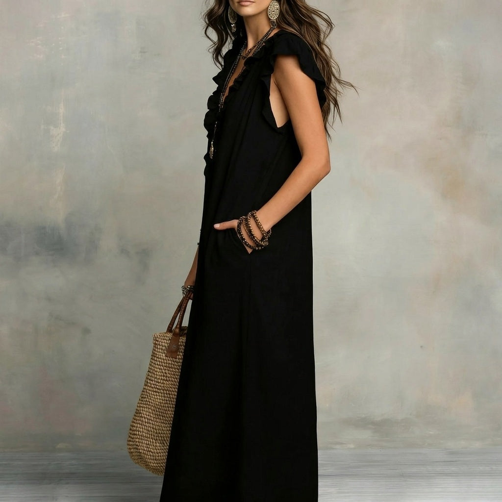 Josefina™ | Long linen-textured dress with V-neck and ruffles