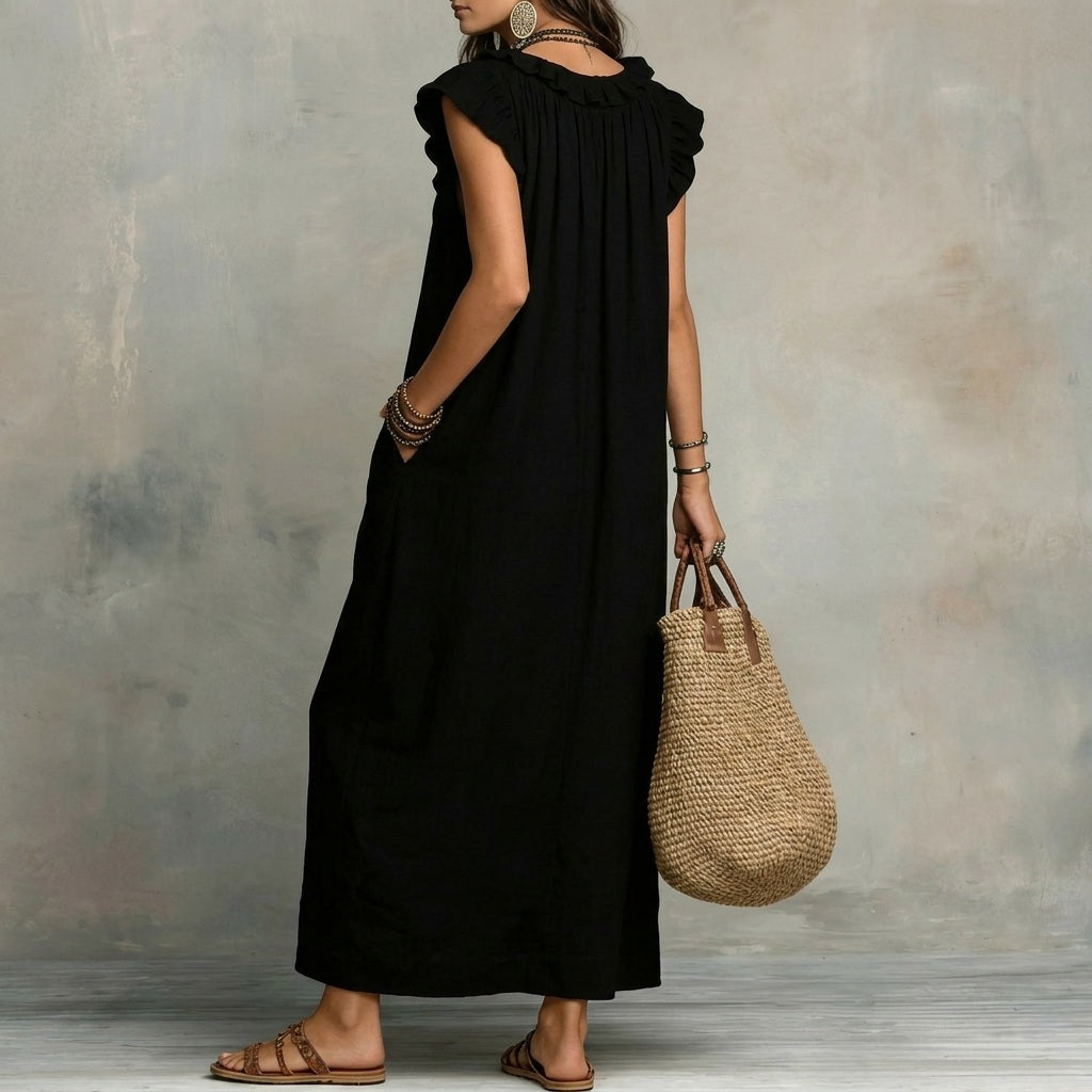 Josefina™ | Long linen-textured dress with V-neck and ruffles