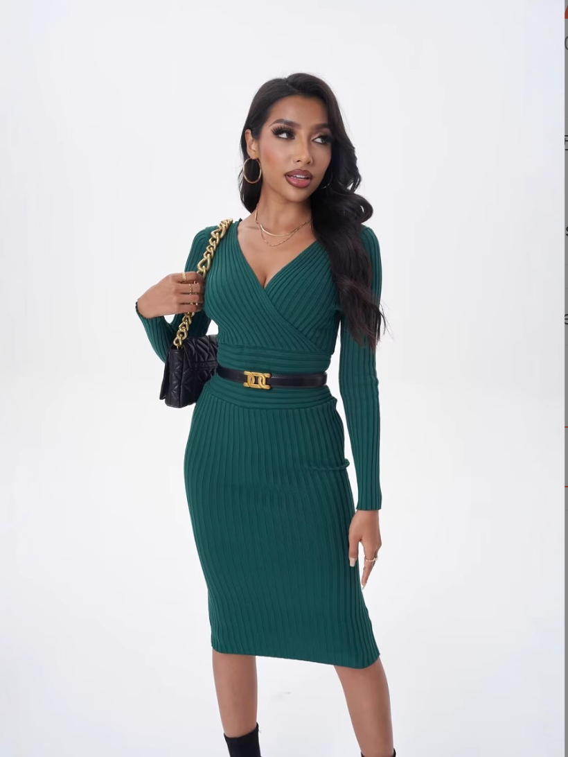 Black Pinstripe Fitted Midi Sleeve Dress