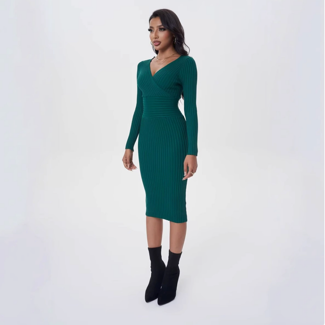 Black Pinstripe Fitted Midi Sleeve Dress