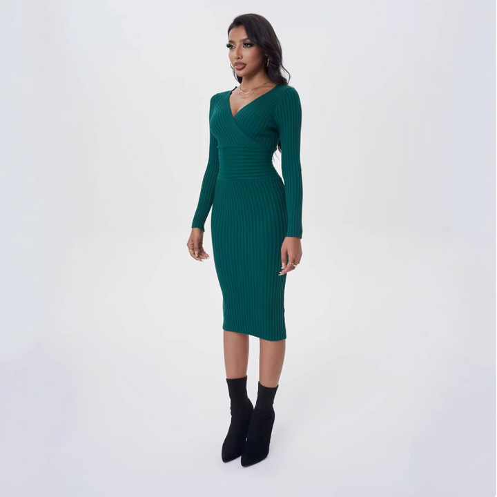 Black Pinstripe Fitted Midi Sleeve Dress