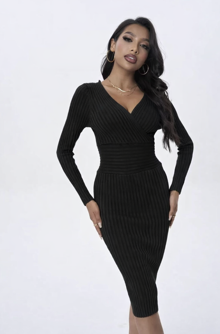 Black Pinstripe Fitted Midi Sleeve Dress