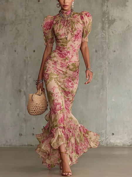Margaret ∙ Long dress with vintage rose print and puff sleeves – The Hart Sisters