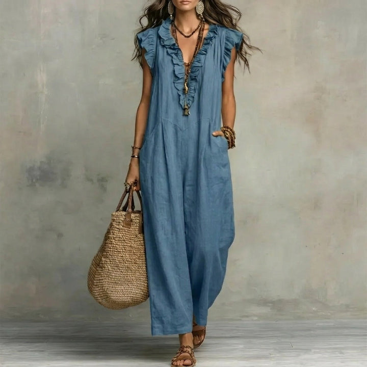 Josefina™ | Long linen-textured dress with V-neck and ruffles