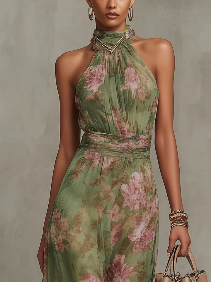 Florence | Green Floral Halter Maxi Dress