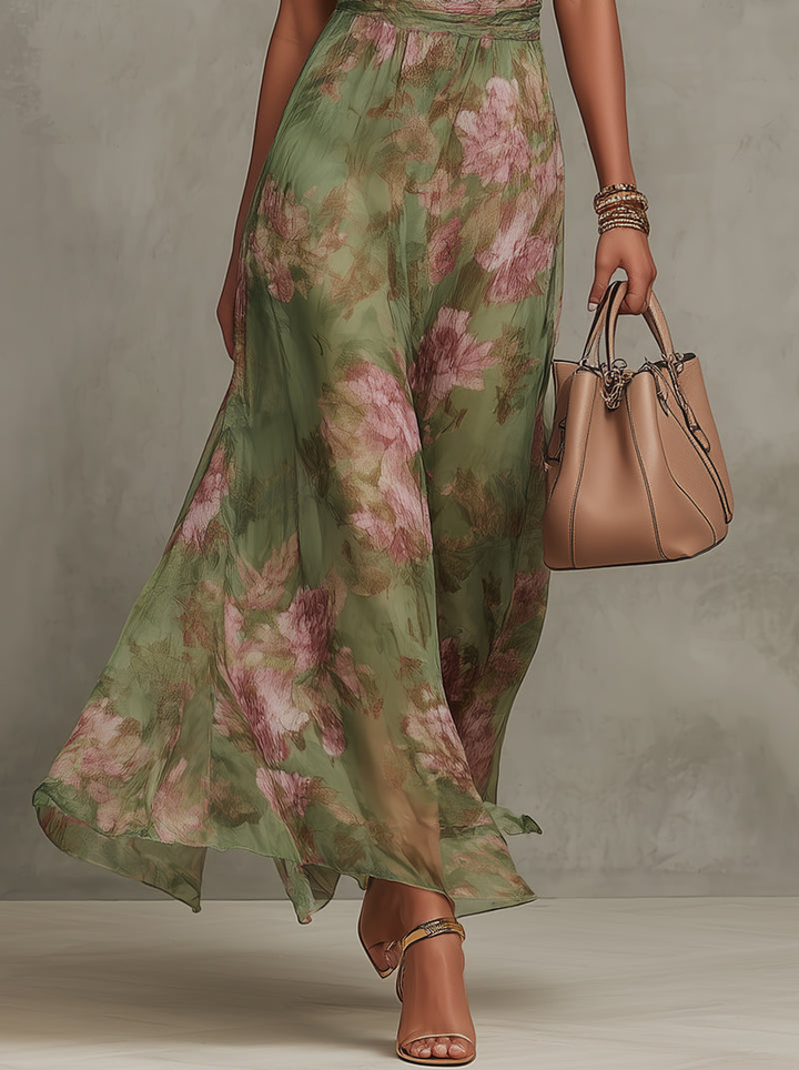 Ruth ∙ Long green floral dress with halter neck