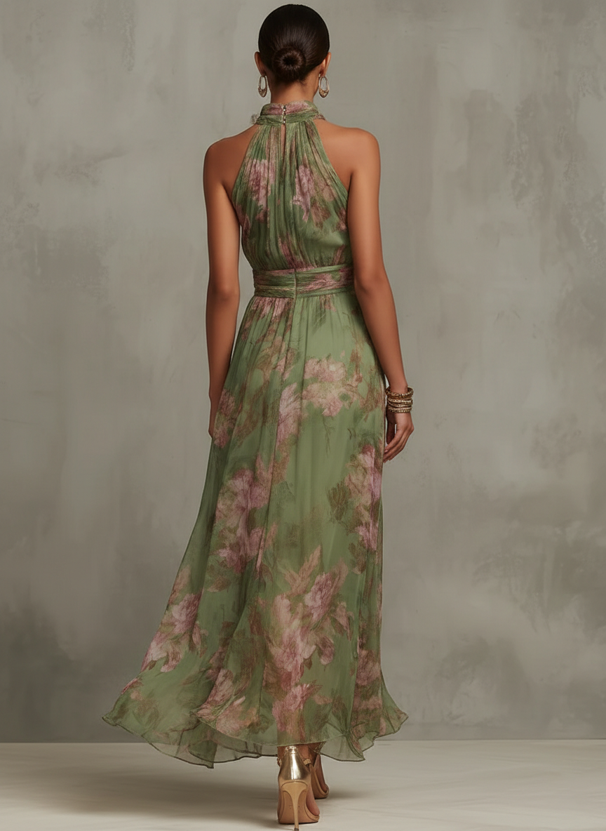 Florence | Green Floral Halter Maxi Dress