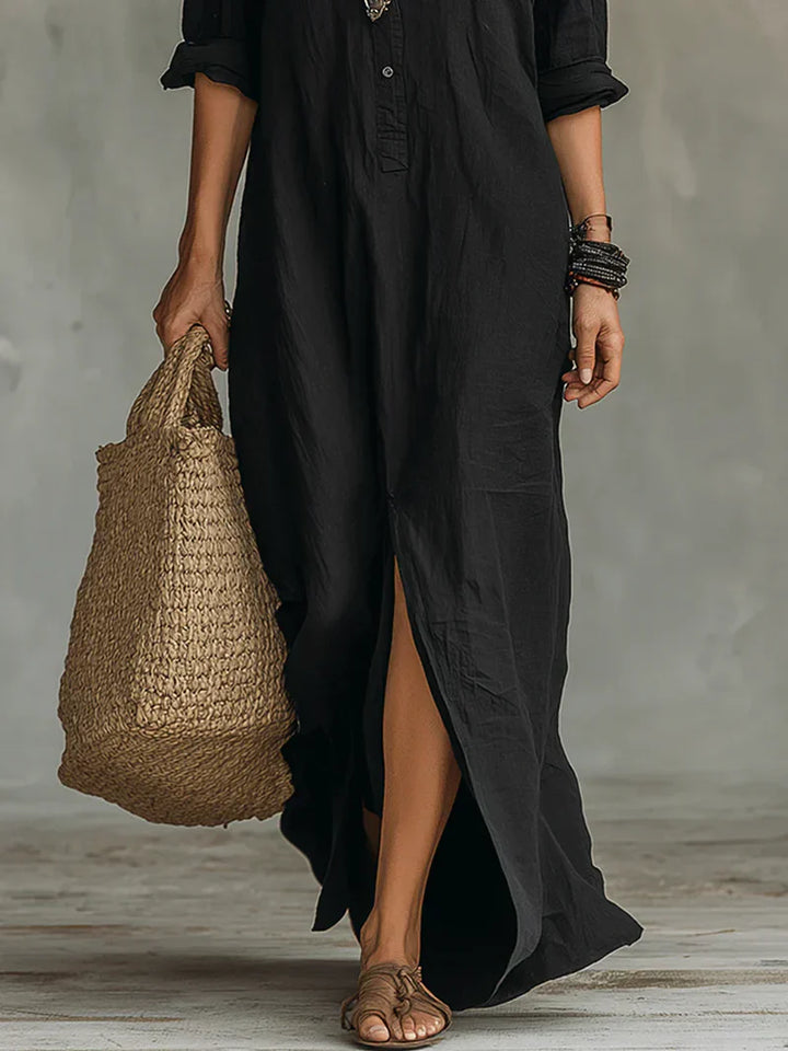 Selena™ | Loose Black Maxi Dress with Buttons