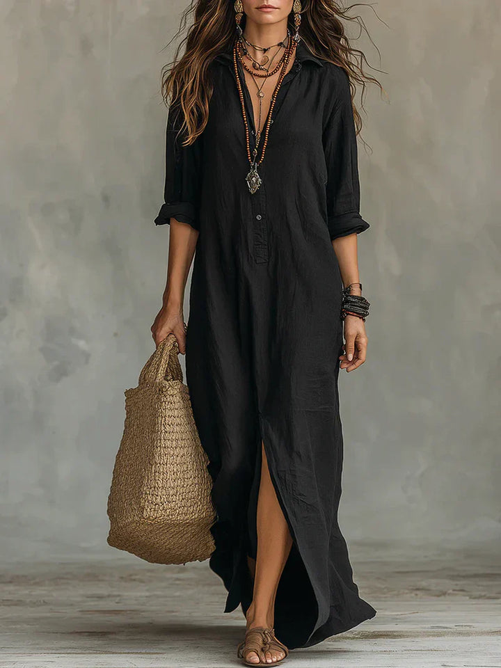 Selena™ | Loose Black Maxi Dress with Buttons