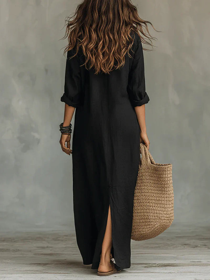 Selena™ | Loose Black Maxi Dress with Buttons