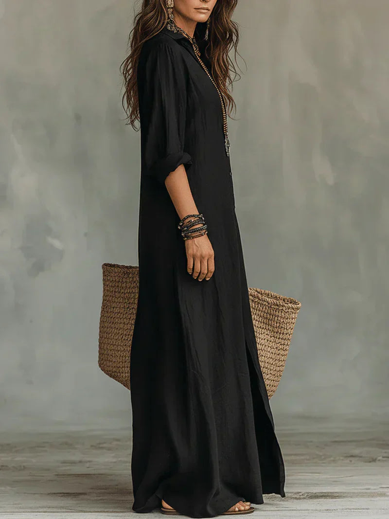 Selena™ | Loose Black Maxi Dress with Buttons