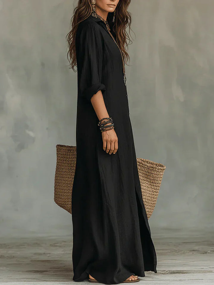 Selena™ | Loose Black Maxi Dress with Buttons