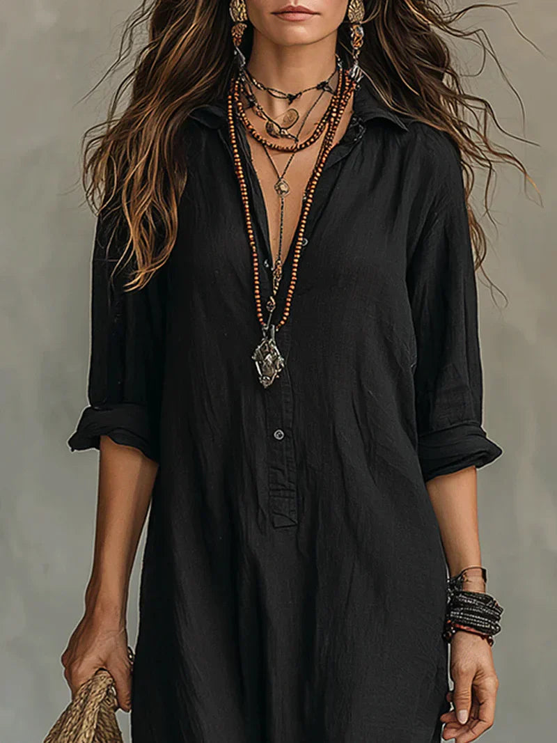 Selena™ | Loose Black Maxi Dress with Buttons