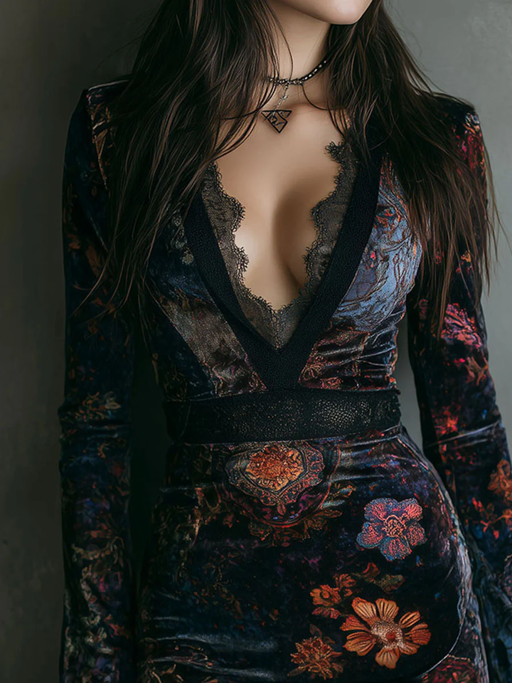 Floral Print V-Neck Slim-Fit Mini Dress