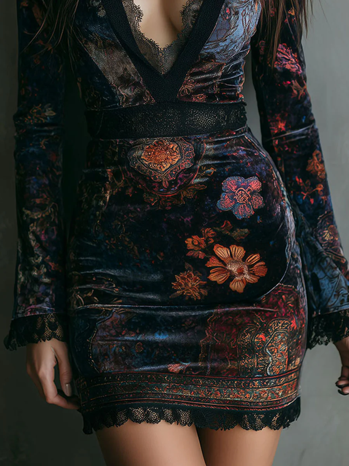 Floral Print V-Neck Slim-Fit Mini Dress