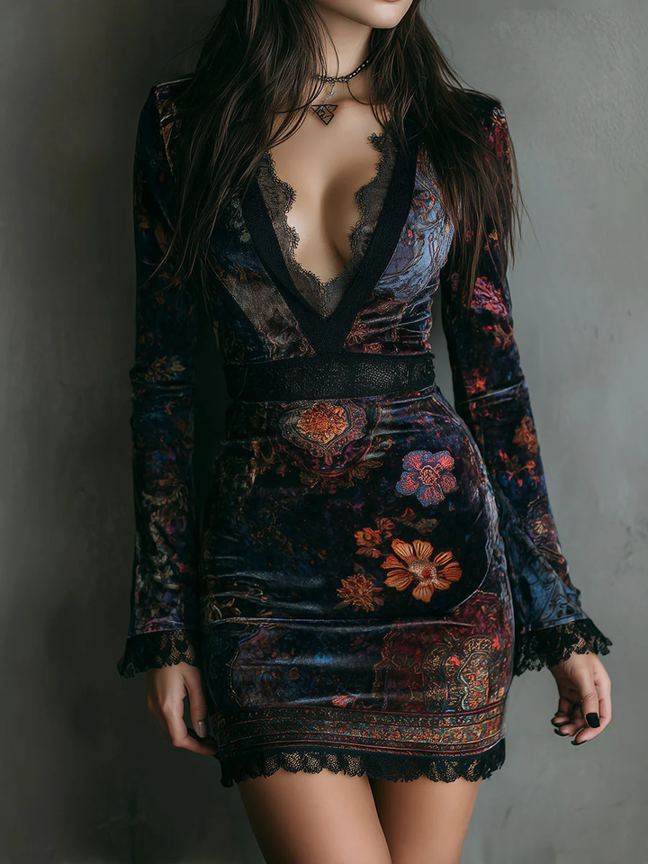 Floral Print V-Neck Slim-Fit Mini Dress