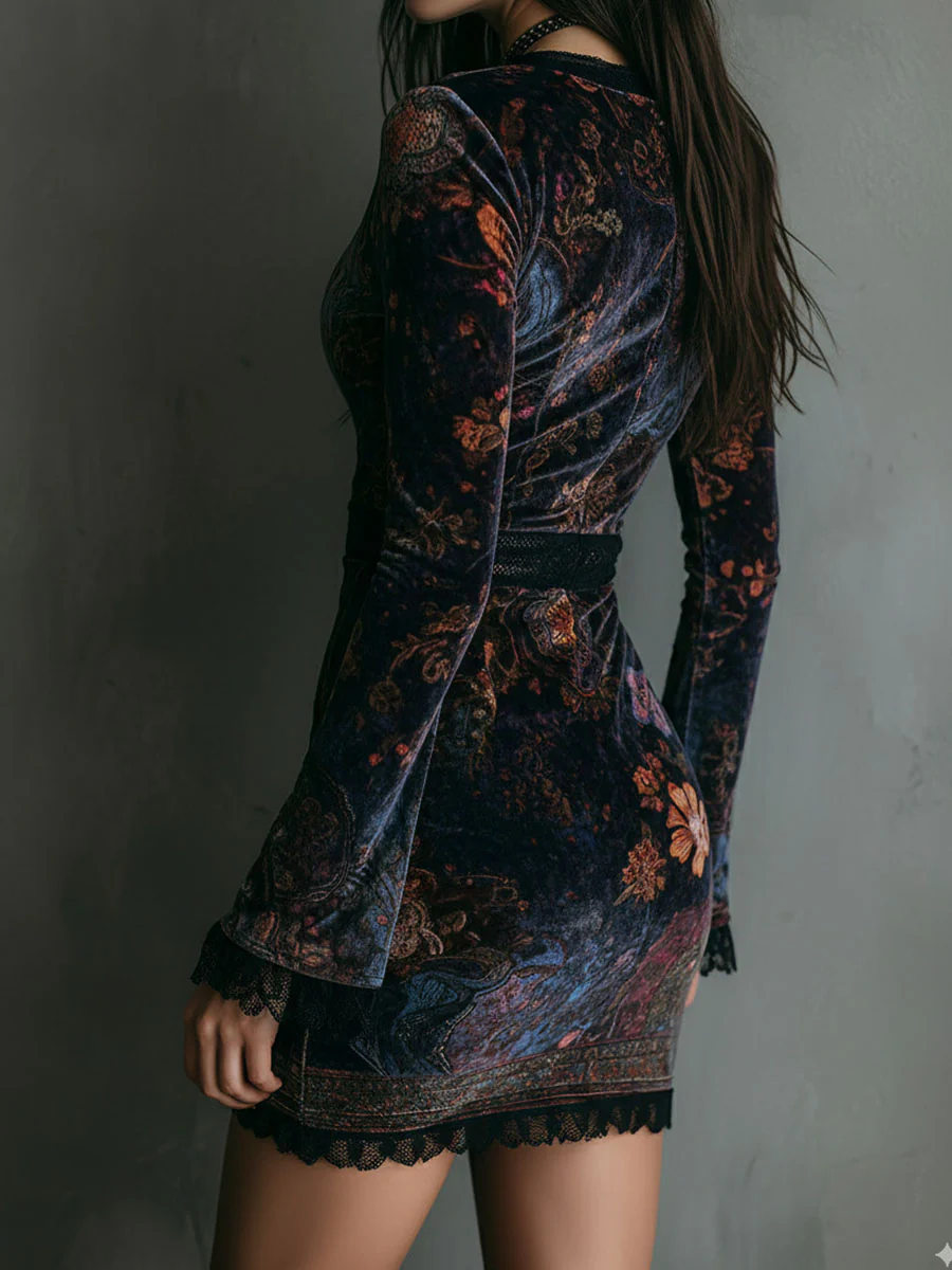Floral Print V-Neck Slim-Fit Mini Dress
