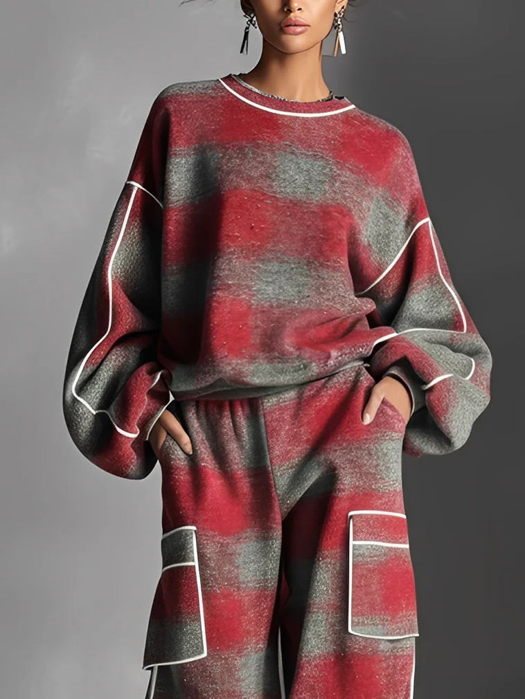 Red and Gray Checked Color-Blocked Sweatshirt and Casual Pants Two-Piece Set