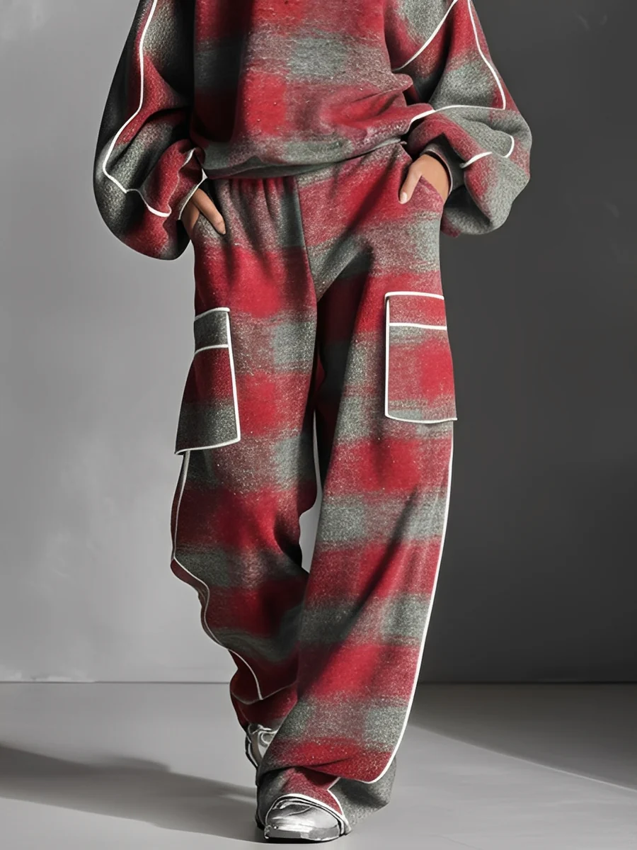 Red and Gray Checked Color-Blocked Sweatshirt and Casual Pants Two-Piece Set