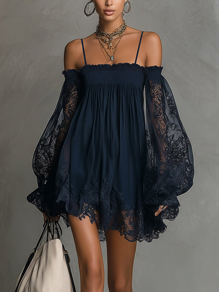 Betty • Navy blue mini dress with off-shoulder neckline, lace trim, and sheer sleeves