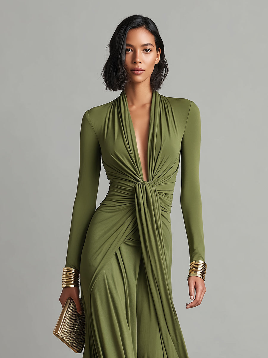 Olive Green Long Silk Stretch Dress with Deep V-Neck and Ruffled Details, Glamour Maxi Dress