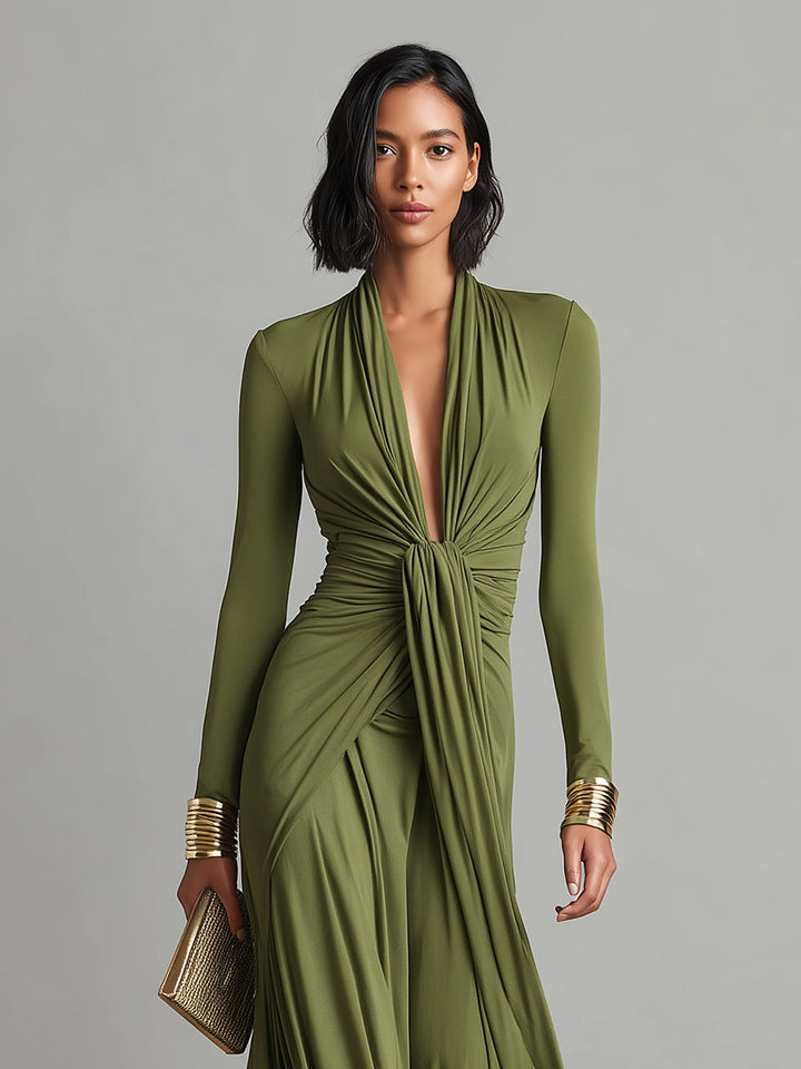 Olive Green Long Silk Stretch Dress with Deep V-Neck and Ruffled Details, Glamour Maxi Dress