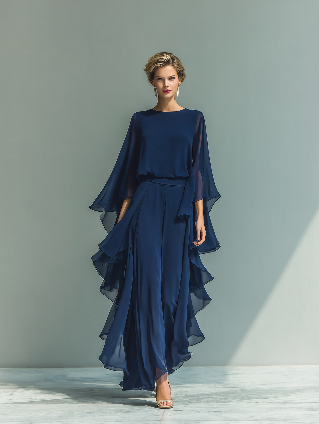 Navy Blue Top Set with Flared Sleeves and Straight-Leg Pants with Ruché Details