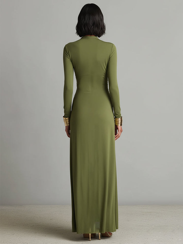 Olive Green Long Silk Stretch Dress with Deep V-Neck and Ruffled Details, Glamour Maxi Dress