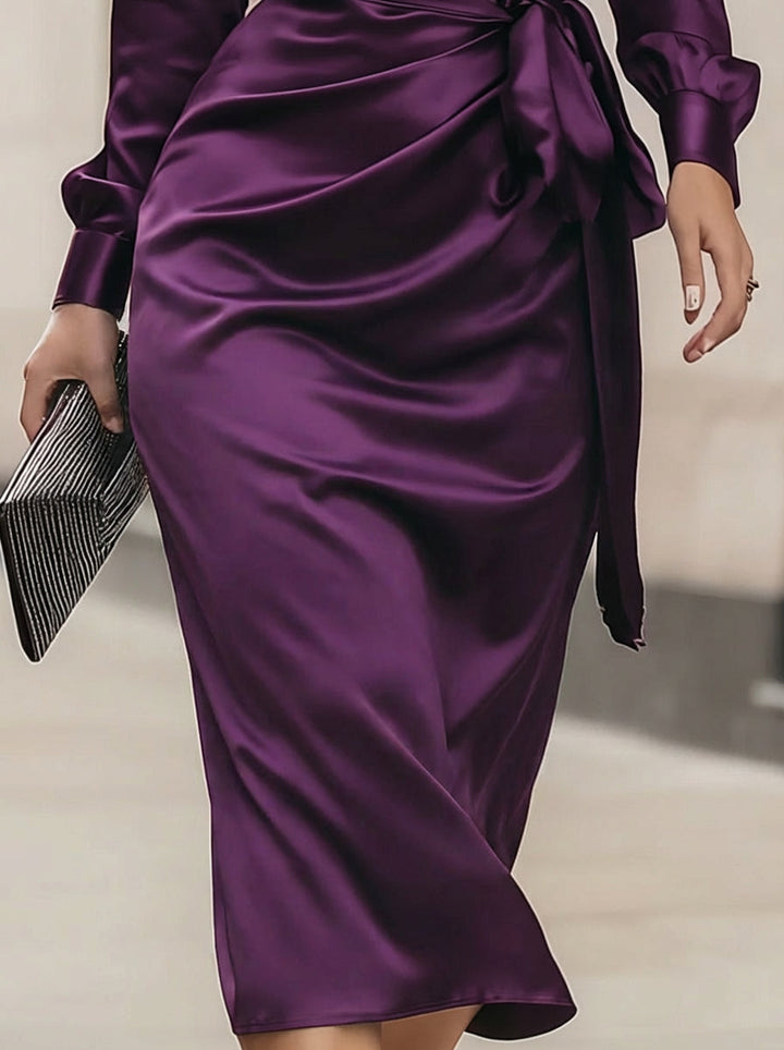 Clara | Deep Plum Satin Wrap Midi Dress
