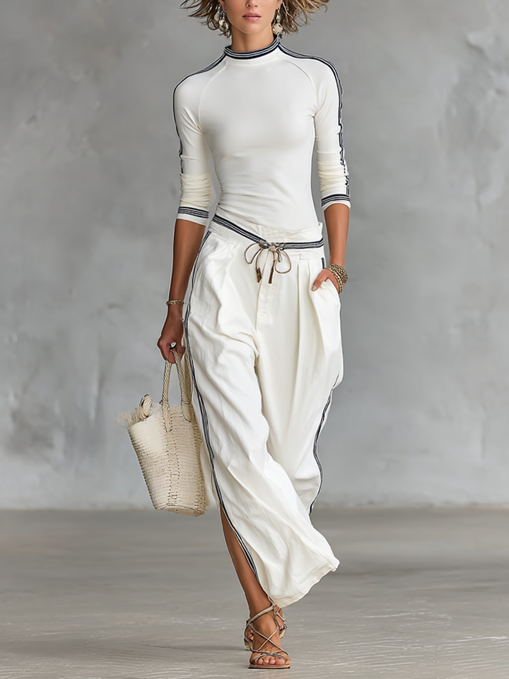 Women's Two-Piece Set: Long Sleeve Sports T-Shirt with Mock Neck and Wide Pants with Drawstring