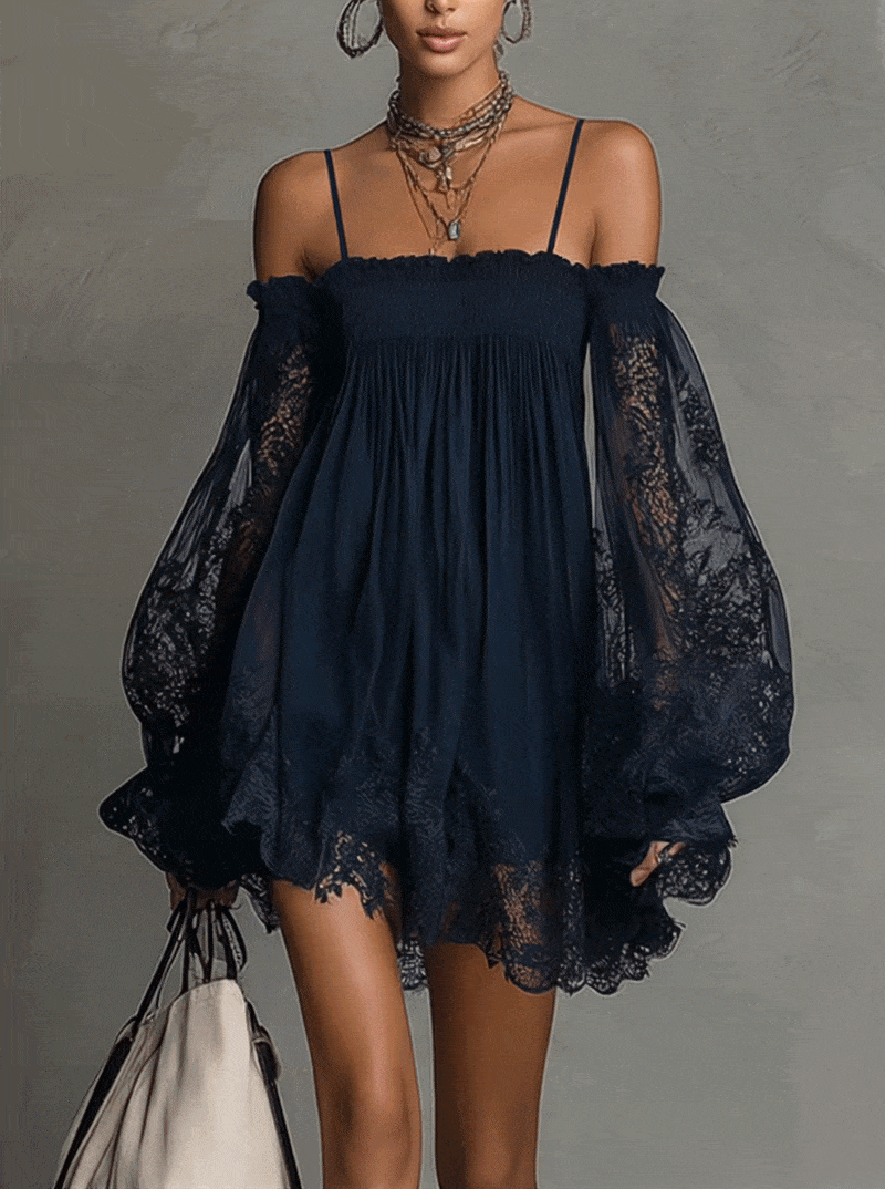Betty • Navy blue mini dress with off-shoulder neckline, lace trim, and sheer sleeves