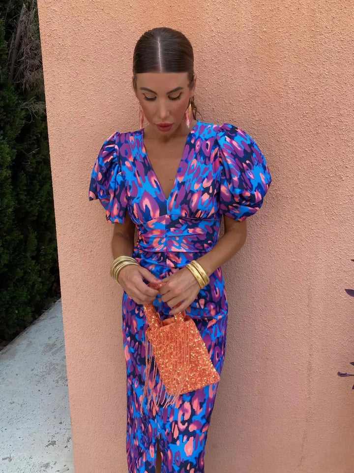 ROSALIND | COLOURFUL MIDI DRESS WITH PLEATED SLEEVES