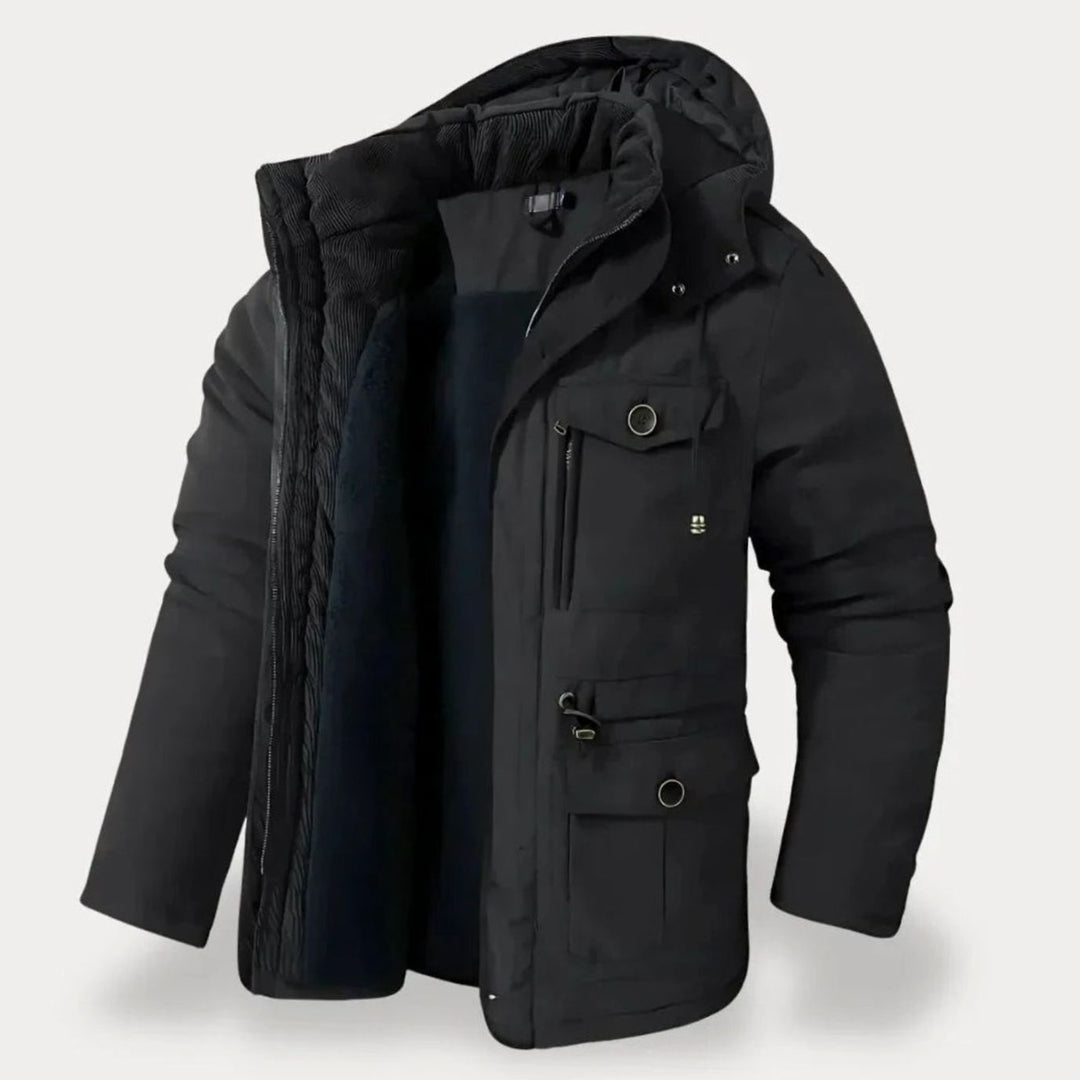 Men's Heavy-Duty Insulated Multi-Pocket Hooded Winter Jacket - Black