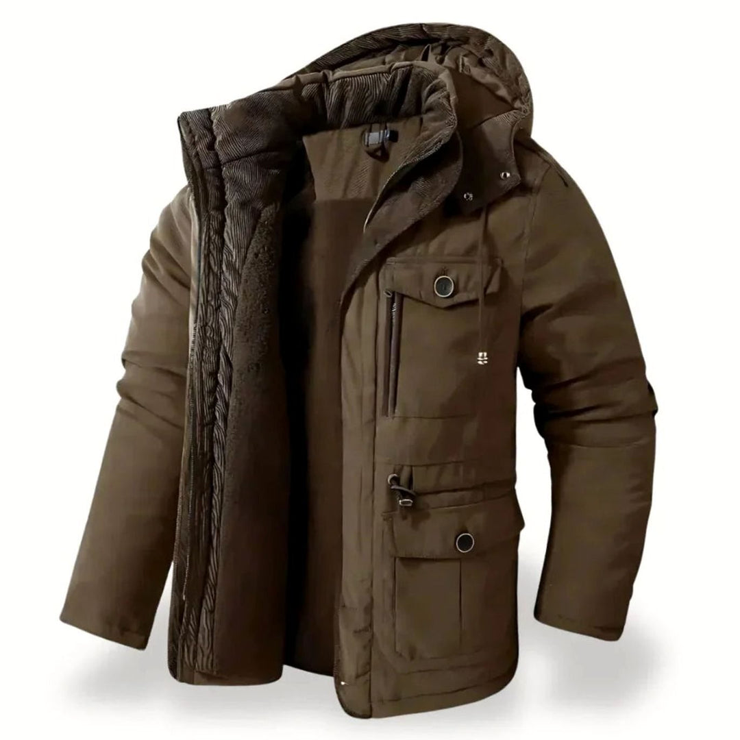 Men's Heavy-Duty Insulated Multi-Pocket Hooded Winter Jacket - Brown