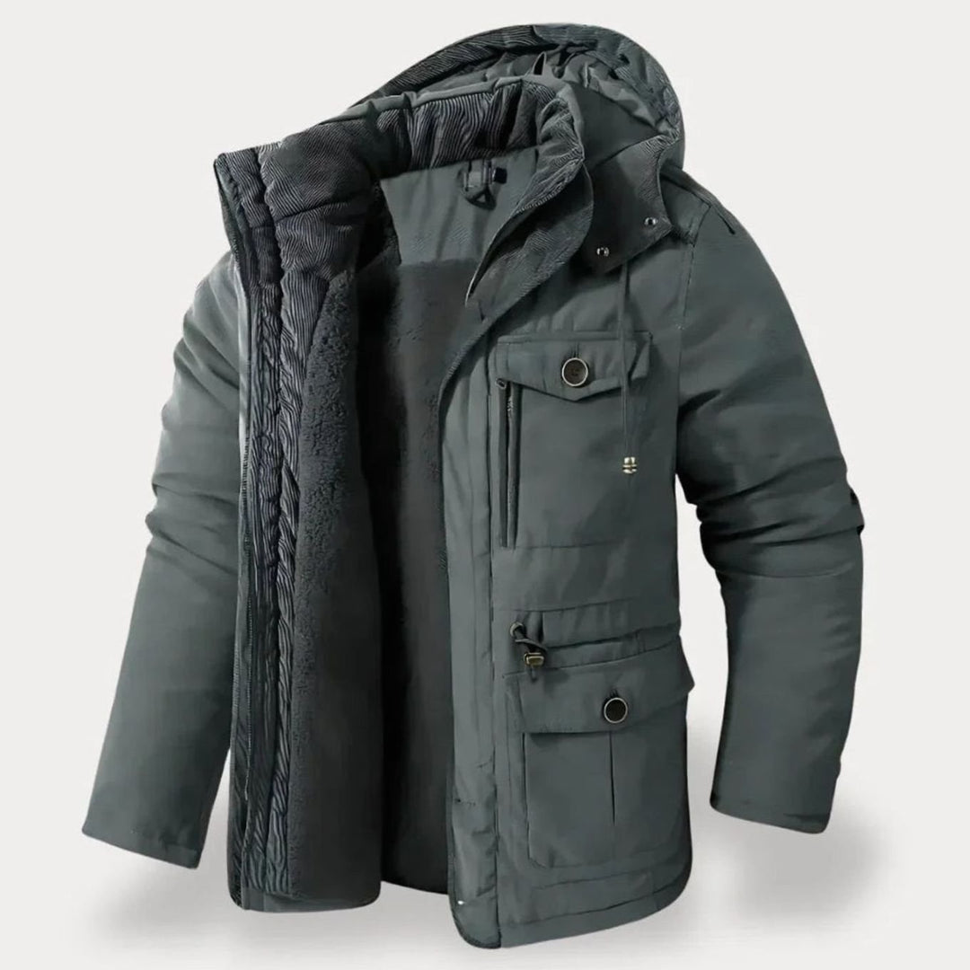 Men's Heavy-Duty Insulated Multi-Pocket Hooded Winter Jacket - Gray