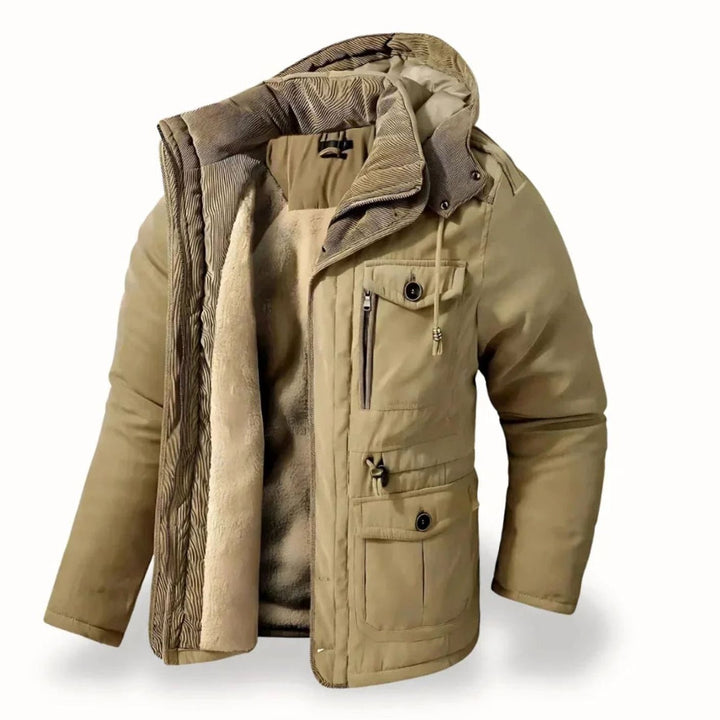 Men's Heavy-Duty Insulated Multi-Pocket Hooded Winter Jacket - Beige