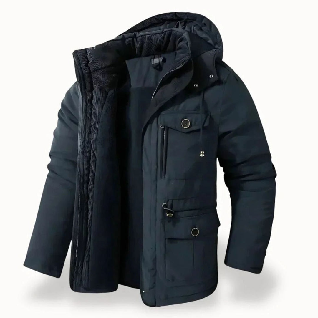 Men's Heavy-Duty Insulated Multi-Pocket Hooded Winter Jacket - Navy