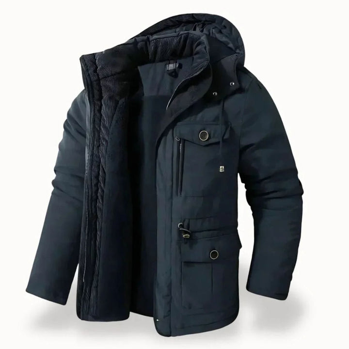 Men's Heavy-Duty Insulated Multi-Pocket Hooded Winter Jacket - Navy