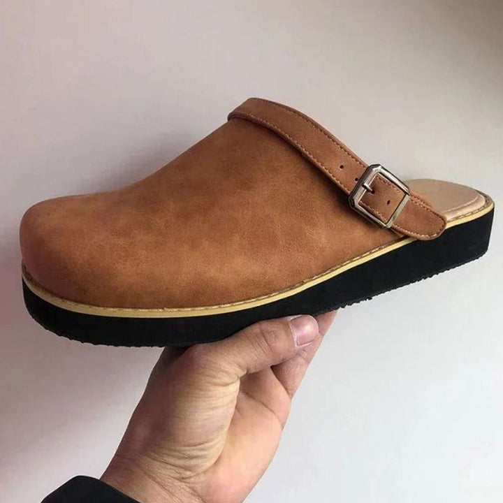 Men's Leather Buckle-Strap Slip-On Slipper Clogs