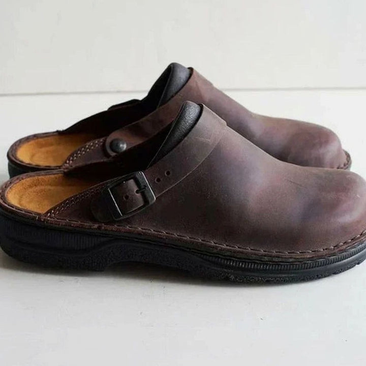 Men's Leather Buckle-Strap Slip-On Slipper Clogs - Brown