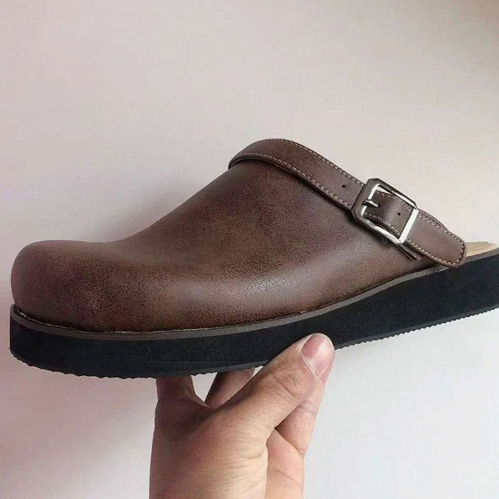 Men's Leather Buckle-Strap Slip-On Slipper Clogs
