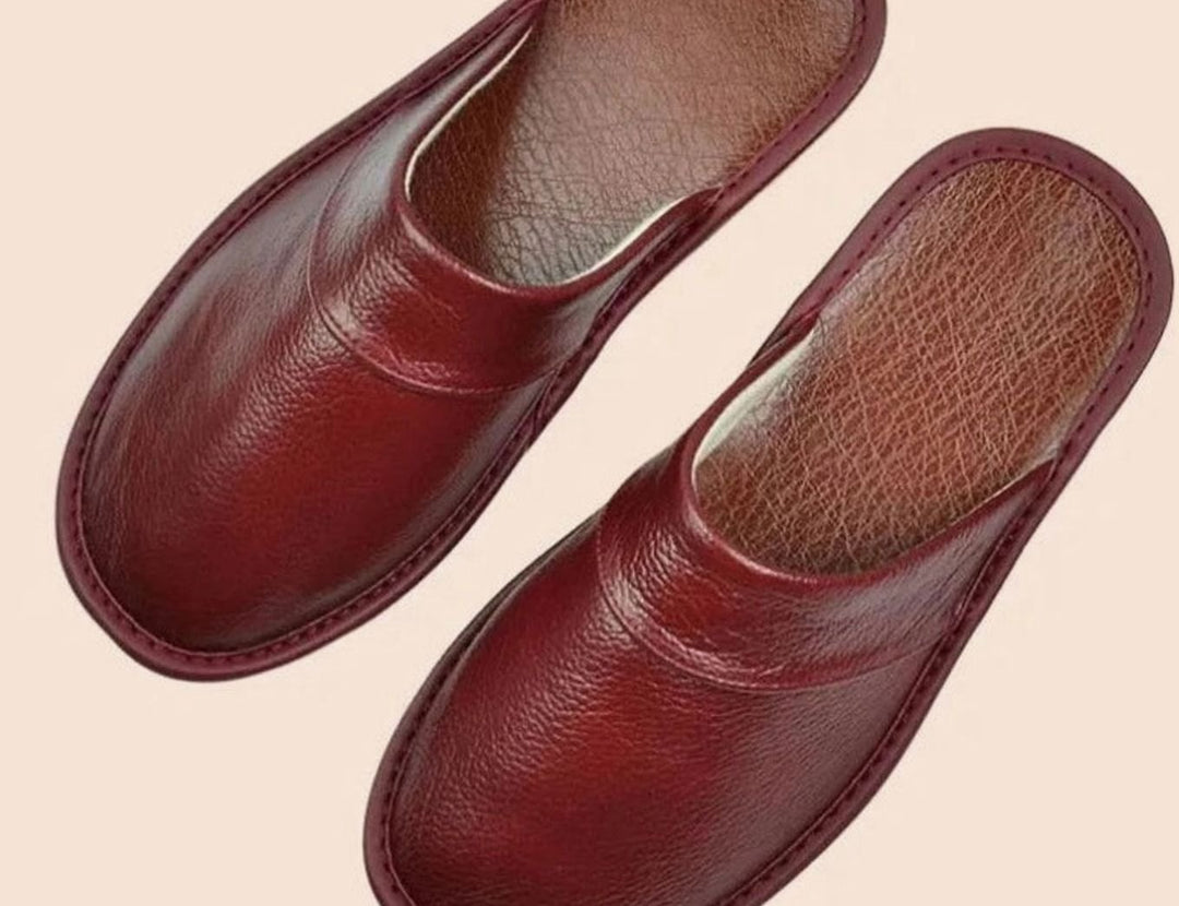 Men's Leather Slip-On Slippers Classic Minimalist Indoor Mules - Wine Red