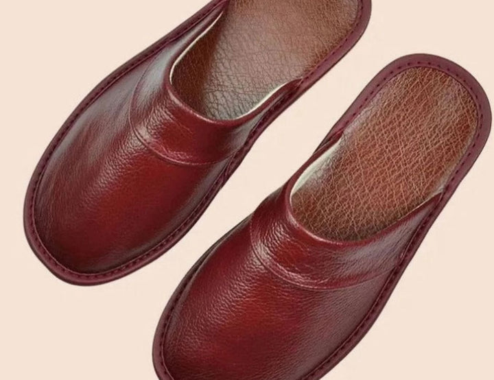 Men's Leather Slip-On Slippers Classic Minimalist Indoor Mules - Wine Red