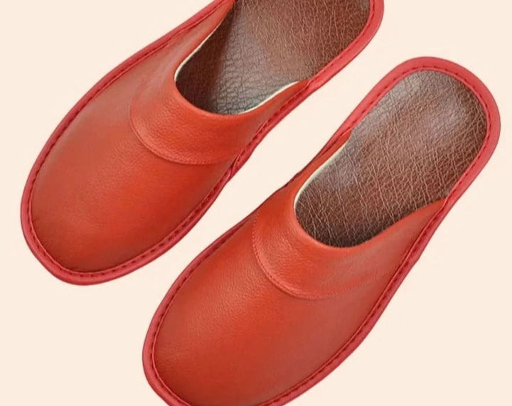 Men's Leather Slip-On Slippers Classic Minimalist Indoor Mules - Red