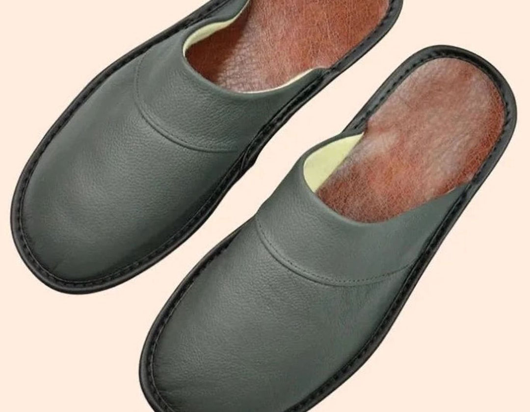 Men's Leather Slip-On Slippers Classic Minimalist Indoor Mules - Gray