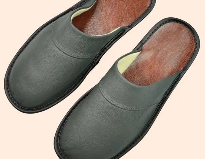 Men's Leather Slip-On Slippers Classic Minimalist Indoor Mules - Gray