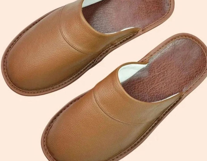 Men's Leather Slip-On Slippers Classic Minimalist Indoor Mules - Coffee
