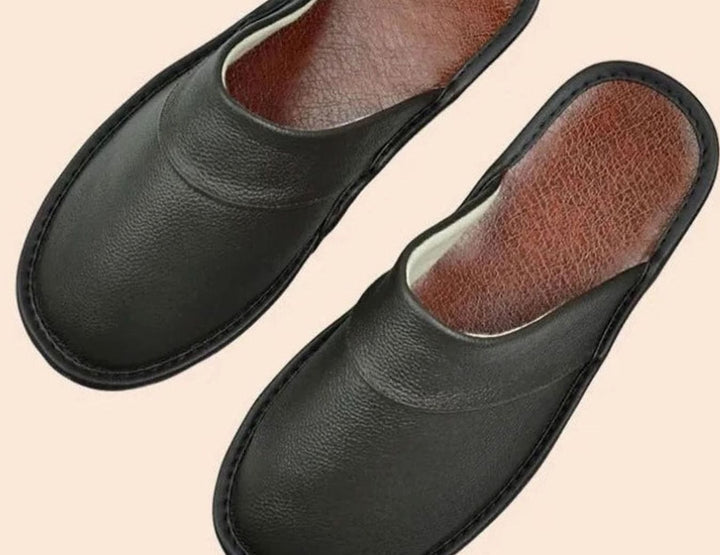 Men's Leather Slip-On Slippers Classic Minimalist Indoor Mules - Brown