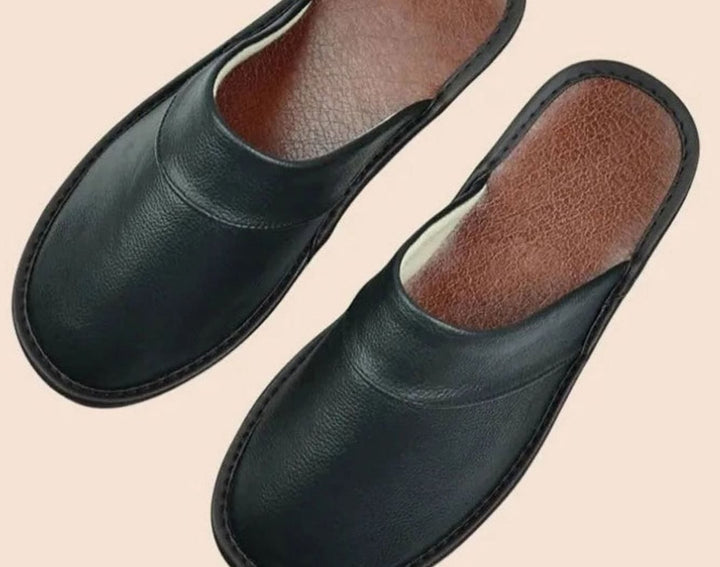 Men's Leather Slip-On Slippers Classic Minimalist Indoor Mules - Black